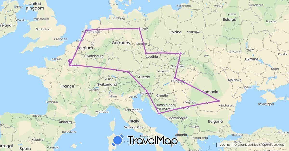 TravelMap itinerary: driving, train in Czech Republic, Germany, France, Croatia, Hungary, Netherlands, Poland, Romania, Slovenia (Europe)